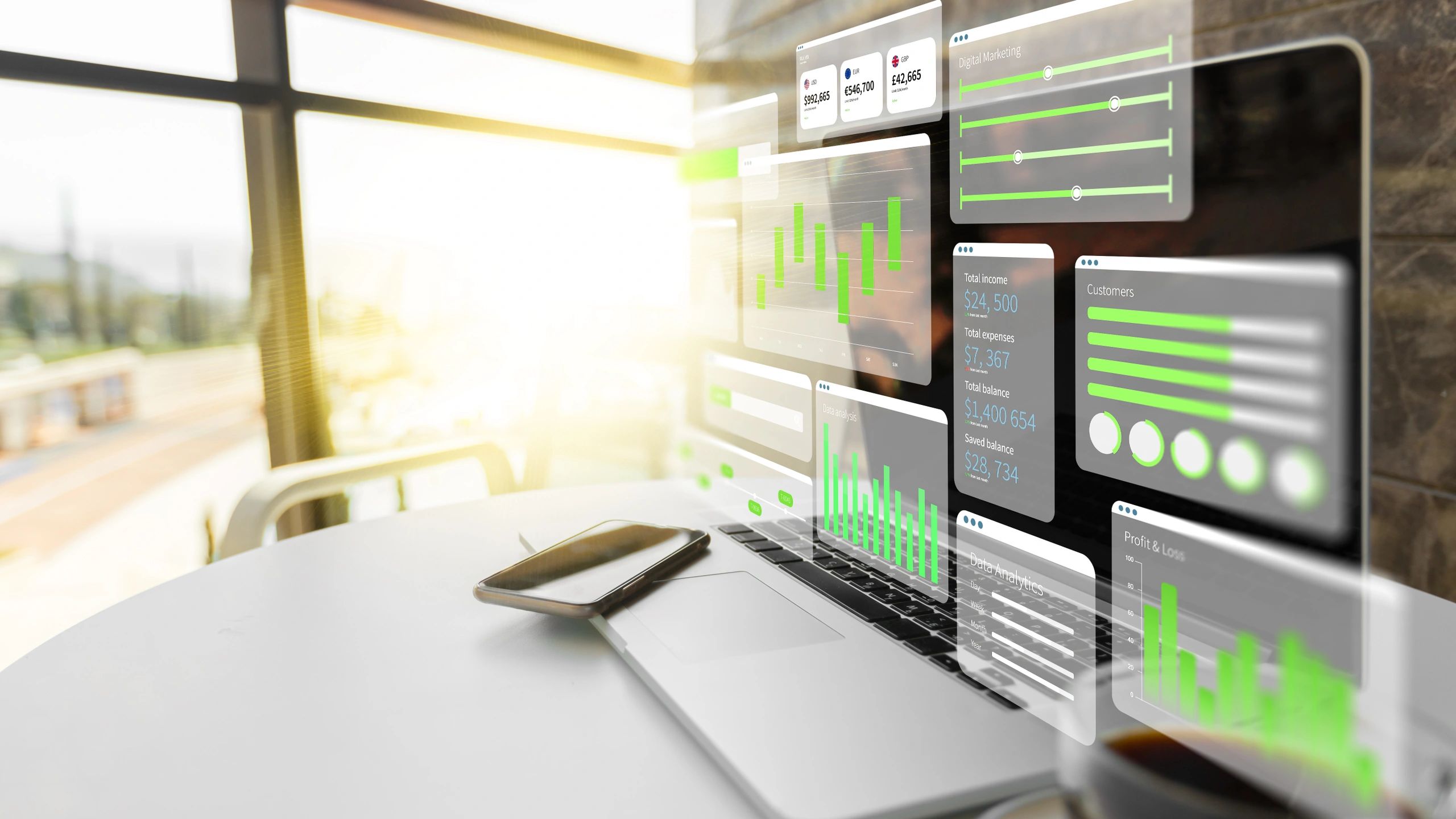 Business analytics dashboard on laptop in office